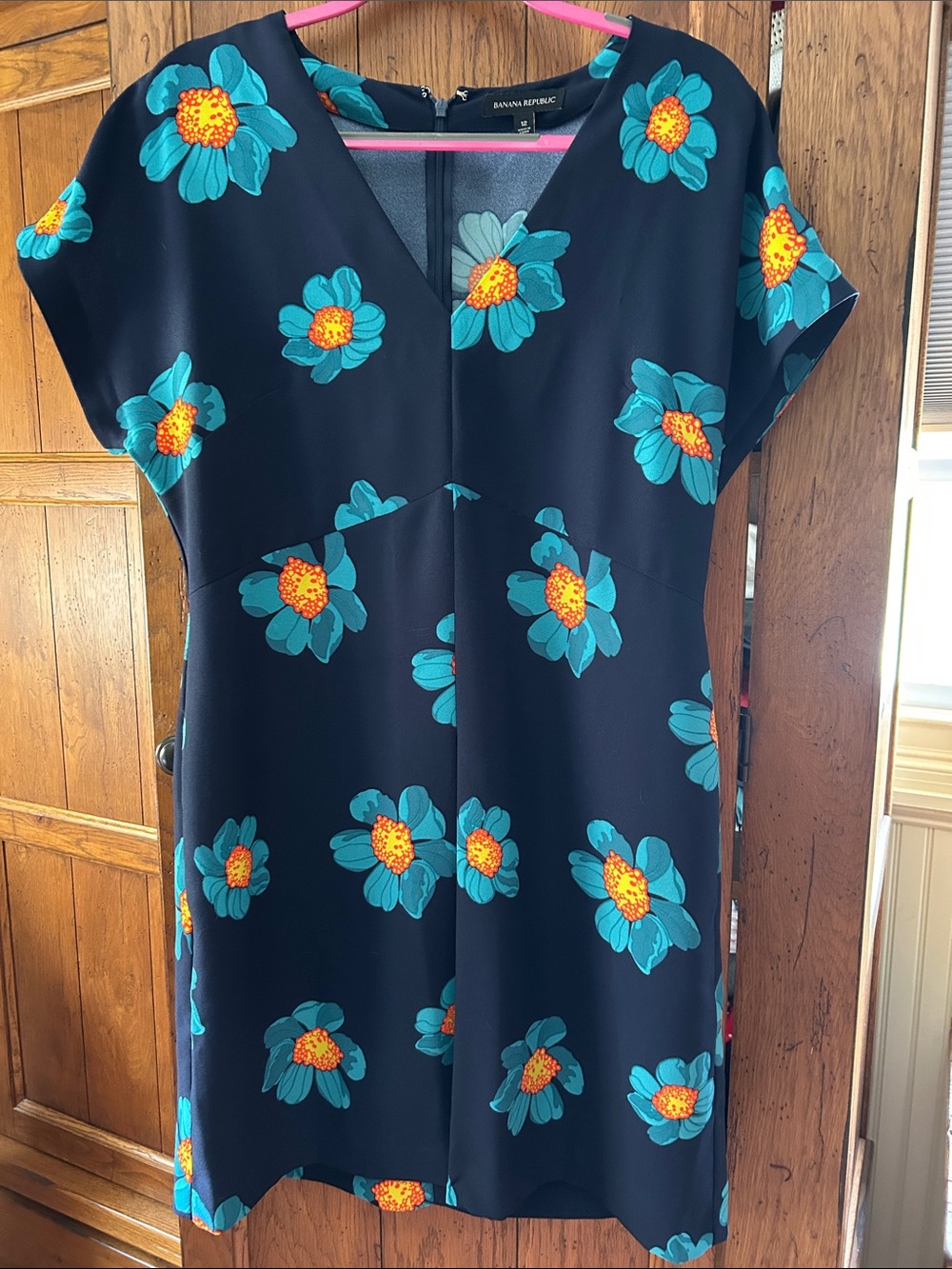 Banana Republic Navy Dress with Teal Flowers and Orange Centers